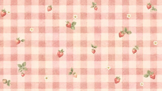 Cute seamless pattern with strawberries and small white flowers on a soft pink checkered background