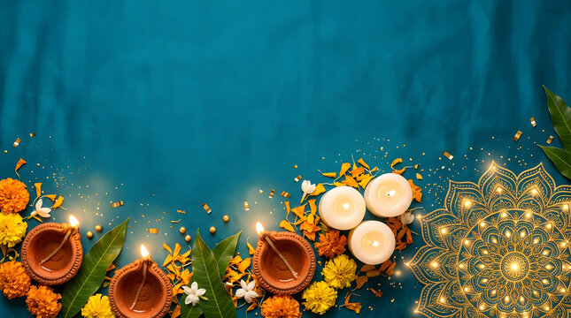 Beautiful diwali diya oil lamp decoration with marigold flowers and festive lights for a traditional indian hindu festival celebration background