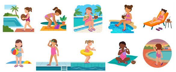 Fototapeta premium Set of vector illustrations featuring a young girl enjoying summer vacation at a swimming pool and tropical beach, including activities like sunbathing, drinking coconut water, and swimming.