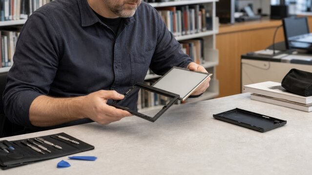 Technician transfers an undamaged electronic paper panel into a new plain frame without showing any screen content