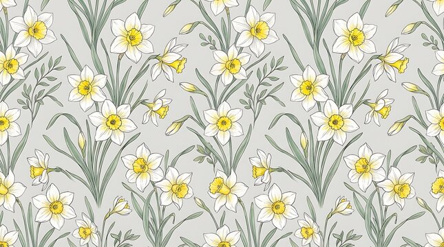 Seamless pattern with hand drawn yellow and white daffodil flowers on a soft light grey background