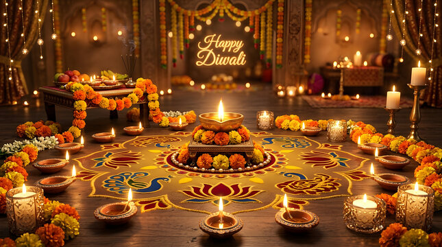 Beautiful diwali diya oil lamp decoration for indian festival celebration with festive background lights and traditional hindu festival floral rangoli