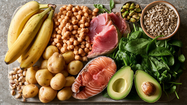 Beautiful Healthy Foods Naturally Rich in Vitamin B6 - Nutritious Ingredients Arranged Flat Lay
