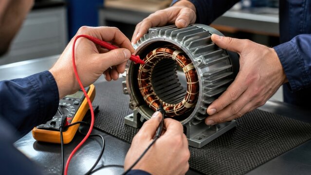 Appliance technician touches multimeter probes to an unplugged motor winding while a colleague steadies the unit