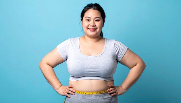 Overweight woman on light blue background, weight loss concept