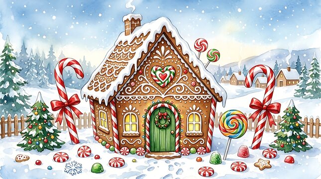 Festive gingerbread house with candy canes and colorful lollipops in a snowy winter landscape for Christmas season