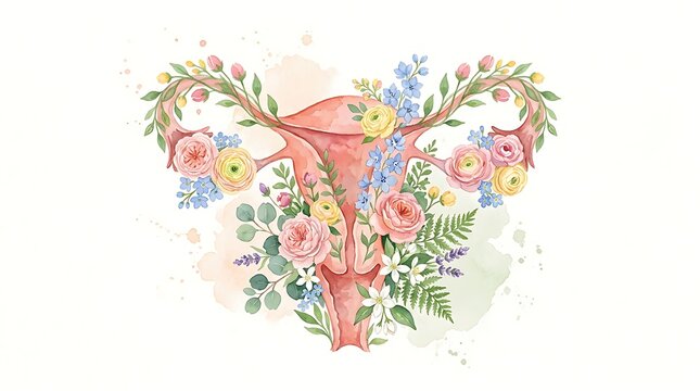 Anatomical human uterus illustration decorated with beautiful colorful spring flowers and green leaves in watercolor style