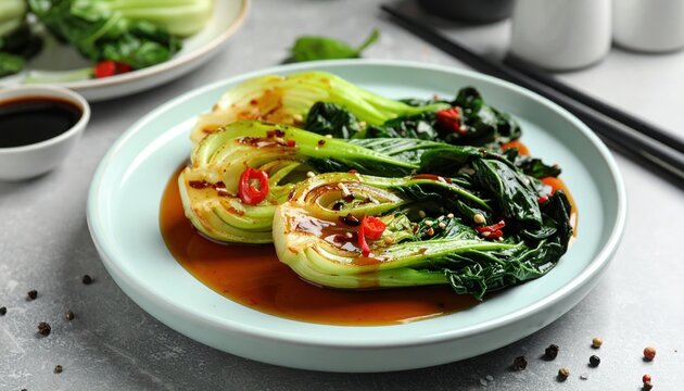 Cooked bok choy with sauce on grey table, closeup