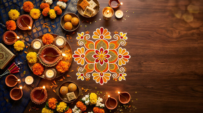 Beautiful diwali diya oil lamp decoration for an indian festival celebration featuring traditional rangoli patterns and festive lights background setting