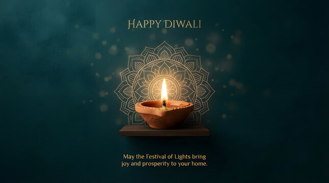 Beautiful diwali diya indian festival greeting card featuring a glowing oil lamp against a dark elegant festive background for celebration