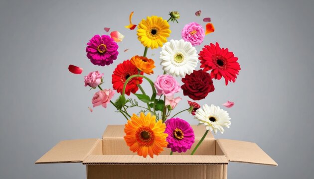 Colorful flowers flying into box, bouquet making concept