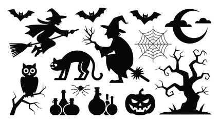 Obraz premium Halloween-themed black silhouettes vector icons set with witches, bats, and pumpkins