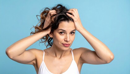 Fototapeta premium Woman inspecting hair for dandruff on light blue background