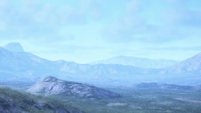 A wide view of mountains and hills under a cloudy sky. The location is a remote area with greenery scattered throughout the landscape. It is daytime.