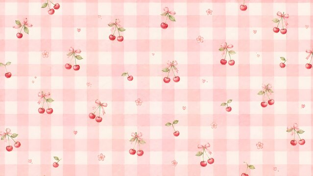 Cute seamless pattern with watercolor cherries, pink bows and small flowers on a soft pastel gingham checkered background