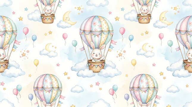 Cute cartoon bunny rabbit flying in a hot air balloon with colorful clouds and small balloons pattern design