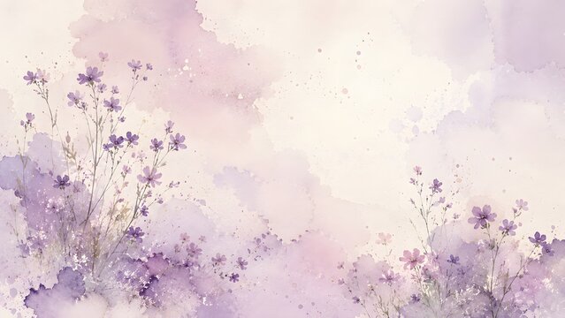 Watercolor painting of delicate purple wildflowers on a soft pastel background with artistic paint splatters and dreamy ethereal atmosphere
