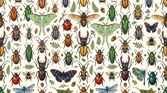 Seamless pattern with various insects beetles and butterflies in vintage style
