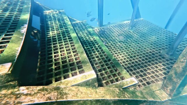 Underwater shot starting at a metal pier ladder and transitioning to a man freediving into clear blue sea water, creating bubbles and swimming towards the surface.