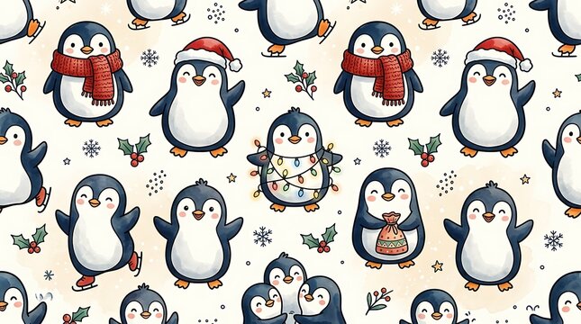 Cute cartoon penguin seamless pattern with winter hats scarves and festive holiday decorations for Christmas design