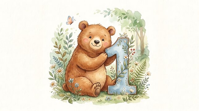 Cute brown bear sitting in a garden with a large number one for a first birthday celebration and party decoration