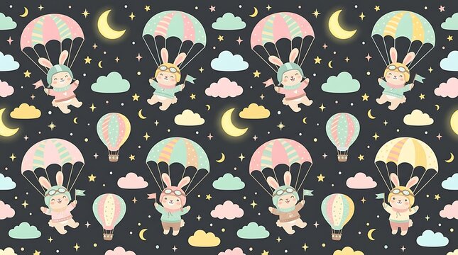 Cute cartoon bunnies with parachutes floating in the night sky with moon stars and clouds seamless pattern design