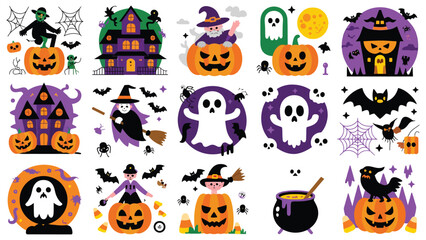 Naklejka premium Happy halloween cartoon characters with jack o lanterns and spooky icons