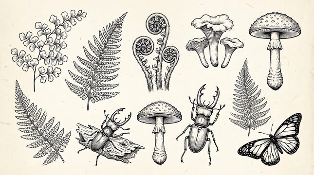 Hand drawn forest elements with mushrooms ferns beetle and butterfly