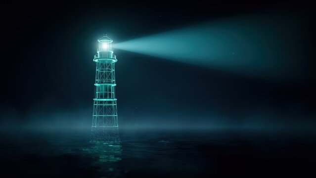 Lighthouse glowing in dark night, luminous beacon tower with bright searchlight beam, nautical safety and guidance concept