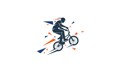 Fototapeta premium Dynamic action silhouette of a bmx rider performing a jump stunt with colorful geometric background shards.