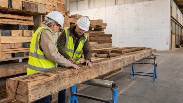 Material specialists inspect nail-free reclaimed beams for cracks and straightness on roller stands