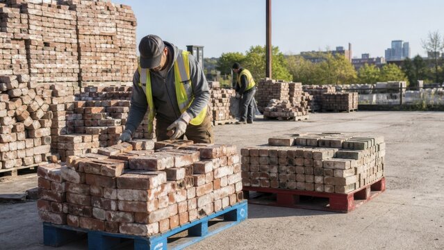 Workers tap and visually sort cleaned reclaimed bricks into structural and landscape pallets marked by solid colors