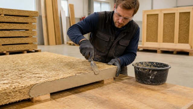 Factory worker applies a mineral edge coat to a compressed straw wall panel before assembly