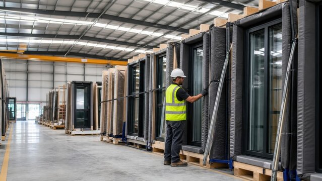 Warehouse worker checks padded vertical slots holding finished window pods before site delivery