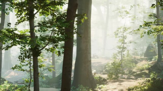 In the early morning, sunlight breaks through fog in a dense forest. Tall trees stand silent while green leaves catch the light. A path leads through the soft fog and shadows.