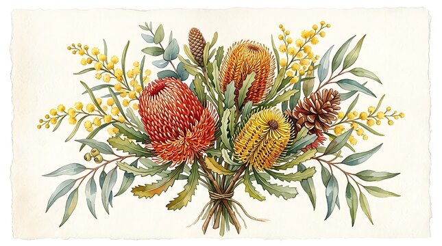 Beautiful bouquet of Australian native banksia flowers and eucalyptus leaves in a colorful hand drawn watercolor style