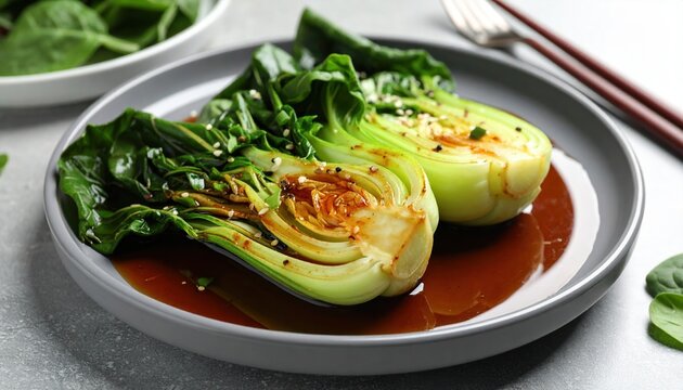 Cooked bok choy with sauce on grey table, closeup
