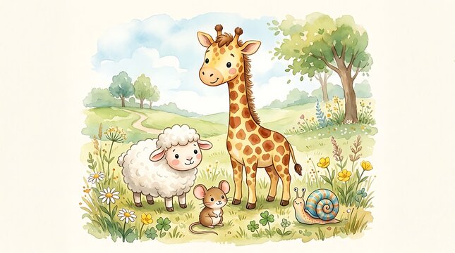 Cute giraffe sheep mouse and snail friends playing together in a beautiful green summer meadow with colorful flowers