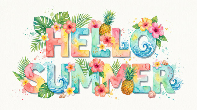 Watercolor floral typographic composition spells hello summer with tropical elements and splashes typography pineapple hibiscus leaves shell seascape wave ornament illustration design greeting holiday