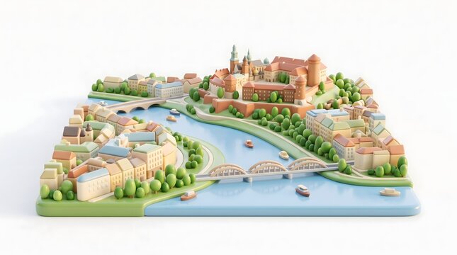 Miniature 3d render of an ancient European castle town featuring colorful buildings, arched stone bridges and serene flowing river water