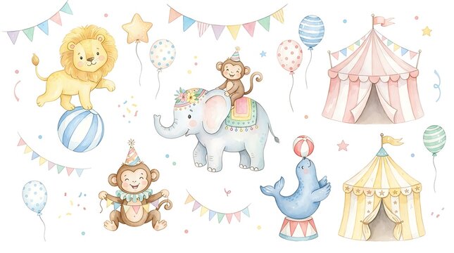 Cute watercolor circus animals collection with lion elephant monkey seal and tents for children nursery wall art