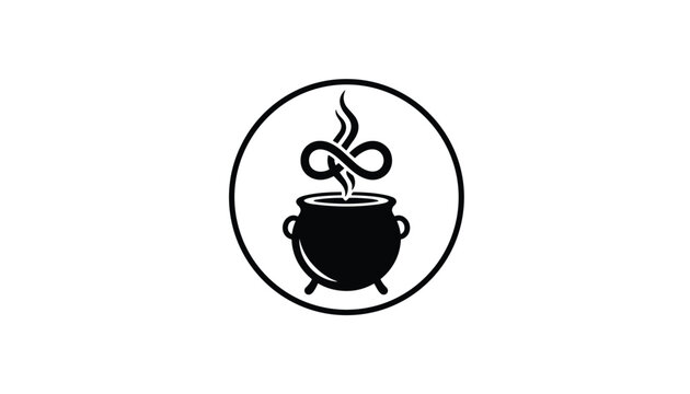 Black magic cauldron with infinity symbol steam rising from hot brew representing mystery and endless possibilities.