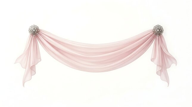 Elegant light pink fabric swag draped with decorative floral accents isolated on a white background