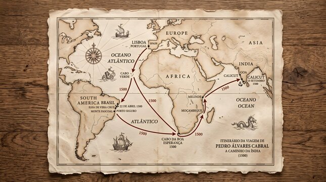 Vintage nautical map illustrating the historic maritime expedition route of Pedro Alvares Cabral across vast oceans in year fifteen hundred