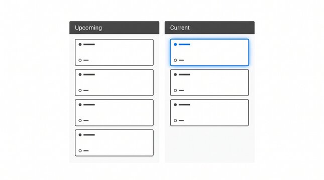 Kanban board task list UI mockup with current and upcoming columns