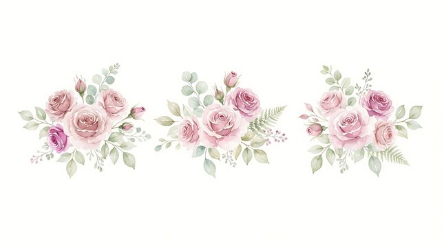 Set of three delicate watercolor rose floral arrangements with green leaves isolated on a white background
