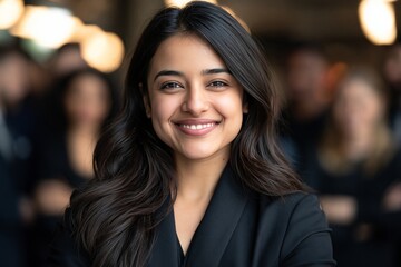 Obraz premium Portrait of a smiling young woman with dark hair wearing a black blazer in a blurred office setting