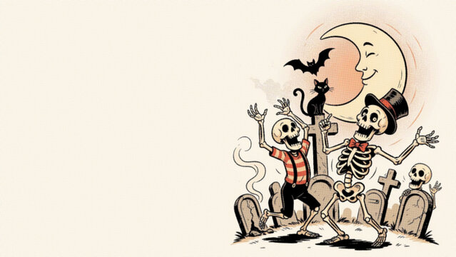 Cartoon skeletons dancing in a graveyard under a smiling crescent moon, halloween themed