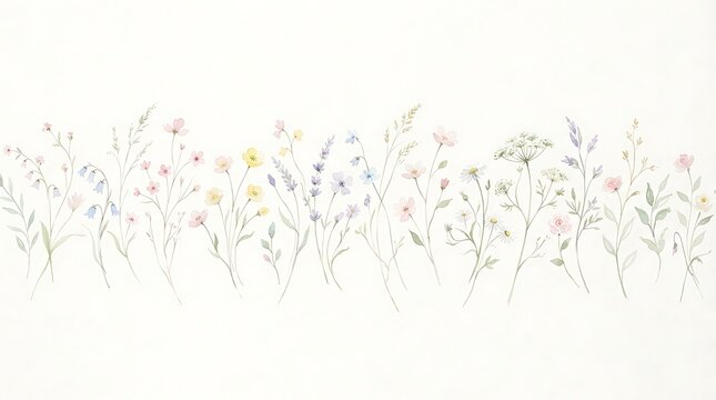 Minimalist hand drawn floral border with delicate leaves and small flowers on a clean white background