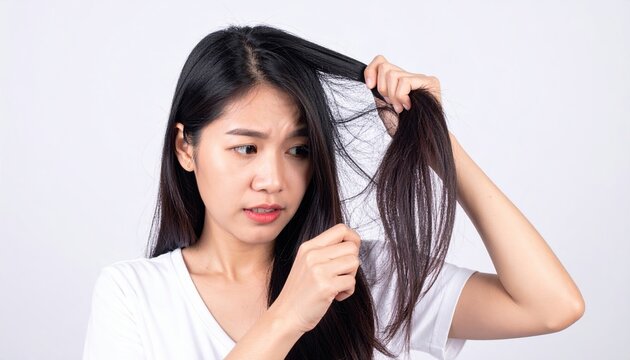 Woman examining dandruff in her hair on white background, hair care concept